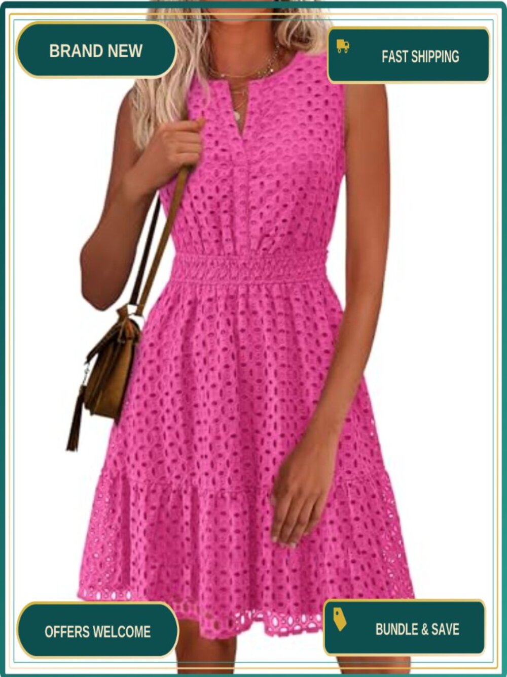 Women's Eyelet A-Line Sleeveless V-Neck Cotton Summer Dress with Ruffle Hem